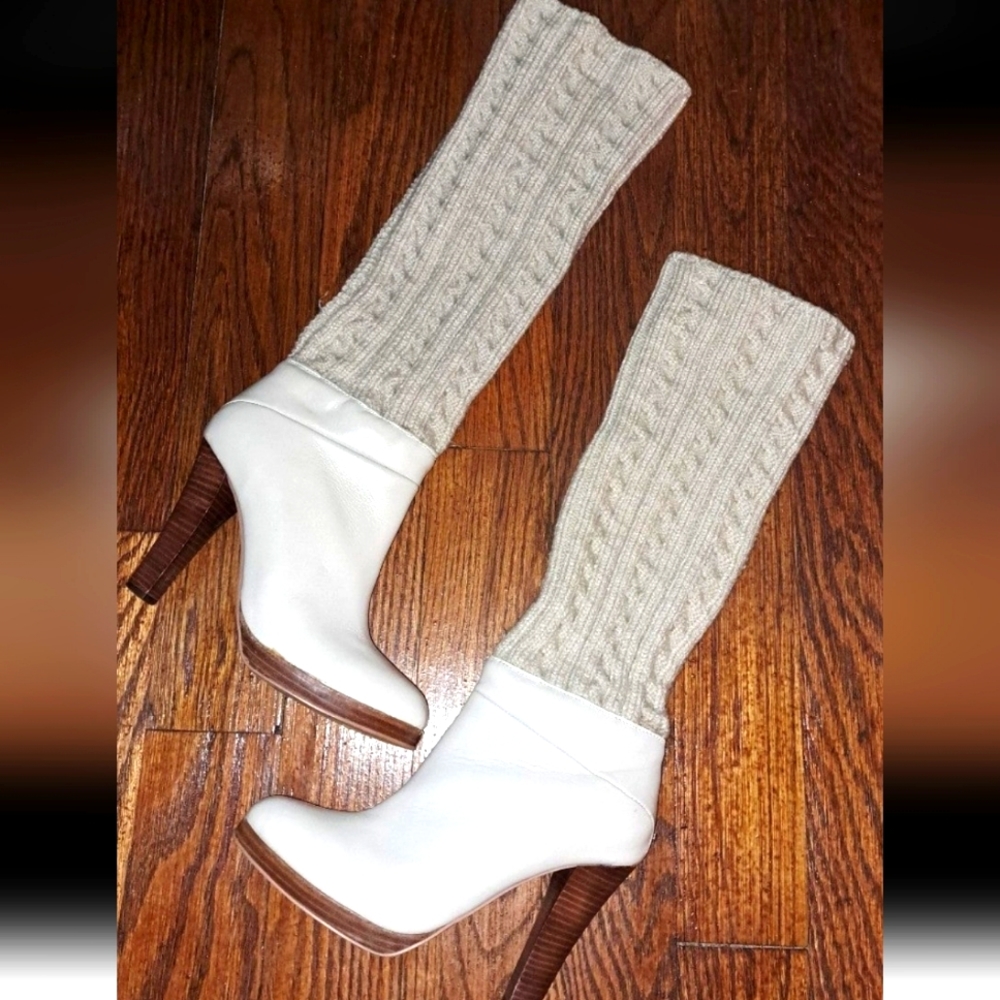 Women's Size 6.5 Cream Knitted Knee High Boots